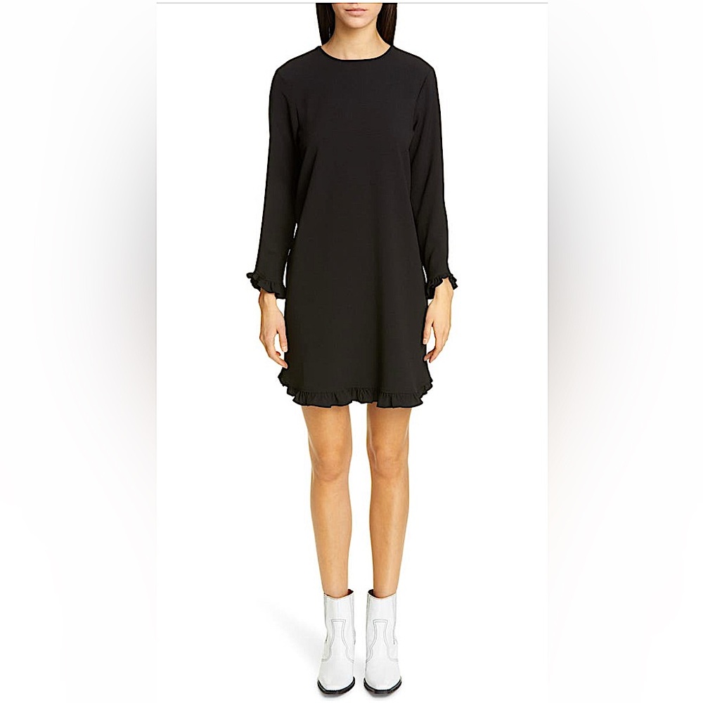NWT GANNI CLARK LONG SLEEVE DRESS BLACK RUFFLE TRIM Size 6 (EU 38)